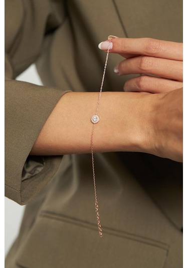 Roza Silver Zirkon Taşlı Rose Tektaş Anturaj Minimal Gümüş Bileklik