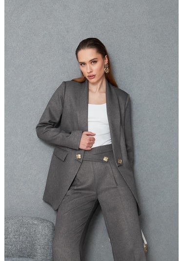 Kare Düğmeli Yünefekt Takım Antrasit Düz Antrasit