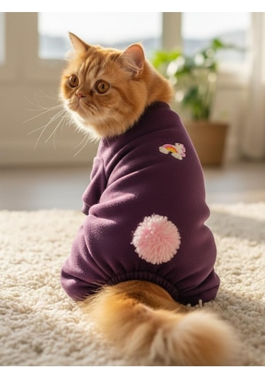 Ponpon Detaylı Kedi Tulumu Şardonlu Polar Kumaş Mor Renk