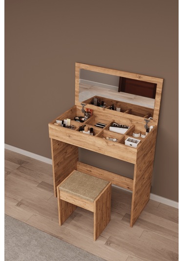 Df02113 Kapaklı Aynalı Bölmeli Puflu Makyaj Masası Atlantik Çam