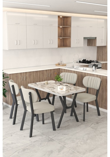 Gnr 70x110cm Sabit Efes Mutfak Masası Takımı, Yemek Masası, 4 Modern Krem Sandalye Krem