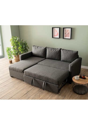 Pafu Kado Yataklı Köşe Koltuk Takımı - Keten Koyu Gri Koyu Gri