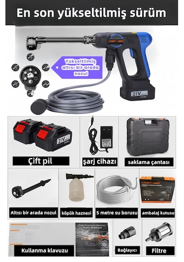 Kraft Hart Khppw-04 150W Çift Akülü Şarjlı Basınçlı Yıkama Makinesi Mavi
