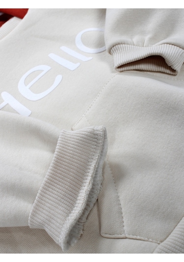 Ekru Sevimli Kabartma Baskılı Kapşonlu 3 İplik İkili Bebek Takımı Ekru