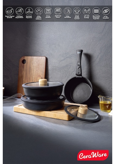Ceraware Hona Daily 9 Parça Tak Çıkar Saplı Iç Içe Geçebilen Seramik Yapışmaz Tencere Tava Seti Siyah