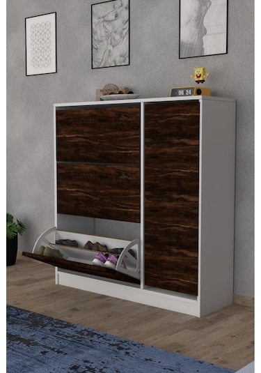 Milano 3 Kapaklı Kayar Raflı Dolaplı Ayakkabılık Mars Kahverengi