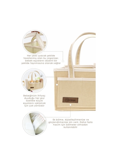 Mordesign Kalın Keçe Anne Bebek Bakım Çantası, Organizer, Çok Gözlü Düzenleyici, Gingham Serisi, Kapiçino Kapiçino 1000 Kahverengi