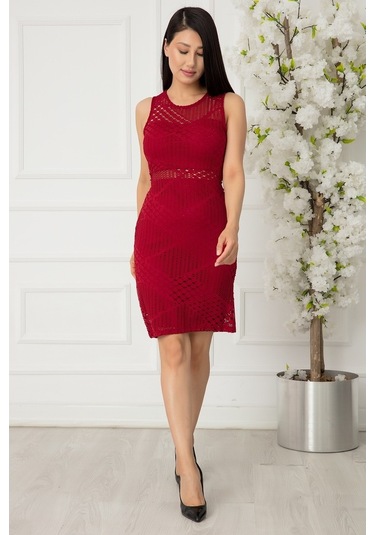 Kalopya Dantel Göbek Detay Kısa Elbise 13276 Bordo