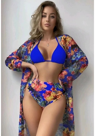 Bölünme Bikini Baskılı İpli Yüksek Bel Mayo Mavi