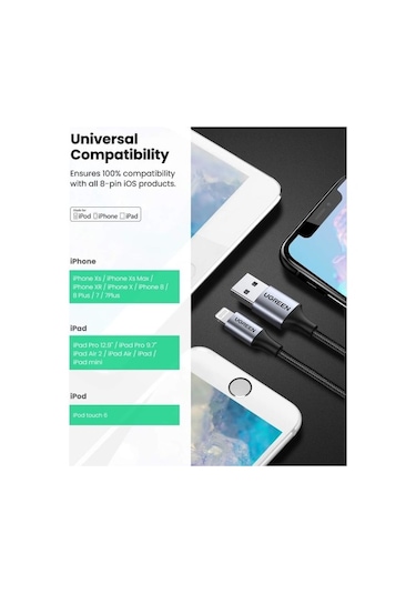 Ugreen Lightning Apple Uyumlu iPhone  Örgülü Data Ve Şarj Kablosu Beyaz