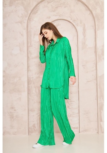 Kadın Pliseli Beli Lastikli Pantolon Tunik Gömlek Ikili Bürümcük Salaş Takım 3573300 Yeşil