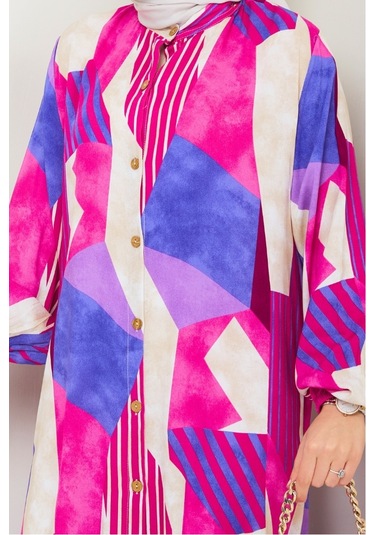 Milaz Boydan Düğmeli Dokuma Viskon Elbise 1501 - Fuşya Fuşya