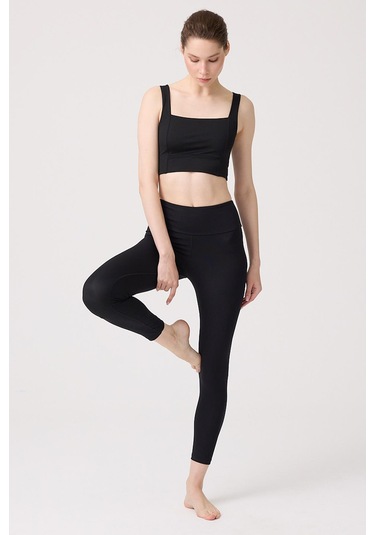 Siyah Şardonlu Yüksek Bel Kadın Spor Tayt SiYAH Siyah