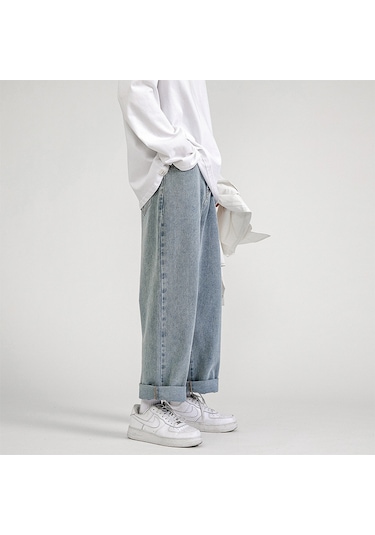 Erkekler İçin Amerikan Tarzı Bol, Çok Yönlü, Yere Kadar Uzanan Kot Pantolon Siyah