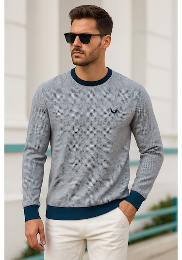 Rich Erkek Lacivert Kare Desenli Bisiklet Yaka Sweatshirt Lacivert