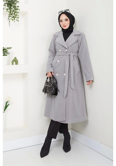 Kadın Polar Kaşe Uzun Kaban / M0107 - Gri Gri