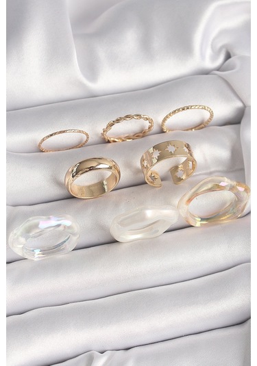 Pirinç Gold Renk Beyaz Akrilik Plastik Modek Kutup Yıldız İşleme Detay Kadın Yüzük Kombini - Tj-byk3666 Çok Renkli