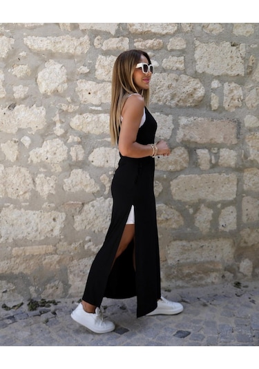 Kadın Yırtmaç Detaylı Viskon Kumaş Maxi Boy Cepli Iç Dahil Ikili Elbise Siyah