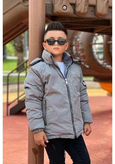Erkek Çocuk Çıkarılabilir Kapüşonlu Baskılı Yakası Detaylı Kışlık Mont Km3501 Füme