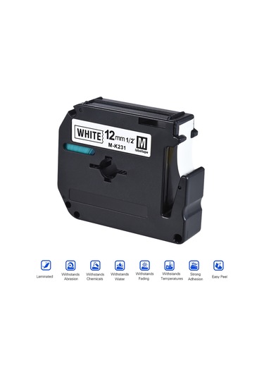 Kangvka Brother M-k231 12mm Etiket Şeridi - Siyah Yazılı Beyaz Zeminli 8m Uzunluk