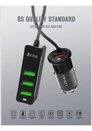 Ldnıo 4 Portlu Fast Qc3.0+2.4a+3.1a Usb Araç Şarj Cihazı Mpv Araç Telefonu İçin 120cm Uzatma Kablosu İle Evrensel Usb Hızlı Adaptör -