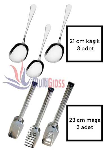 6lı Çelik Servis Maşa Seti / 3 Adet Servis Kaşığı 3 Adet Pasta-ma
