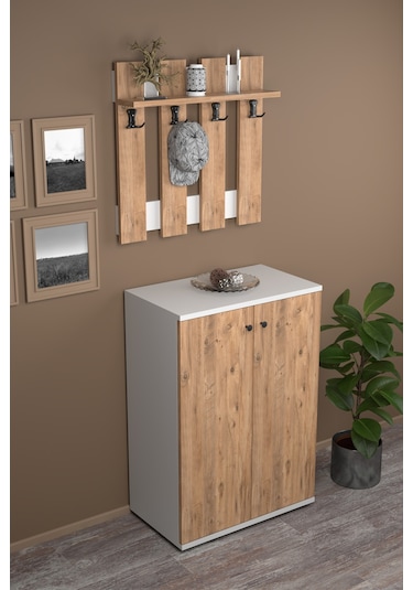 Portmanto Vestiyer 5 Raflı Ayakkabılık Ve Çit Duvar Askılık Set Çam-beyaz Kahverengi