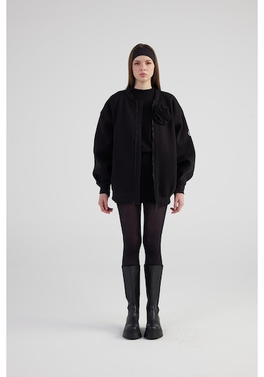 Holly Lolly Oversize Çıkarılabilir Gül Detaylı Astarlı Alexa Bomber Ceket Siyah