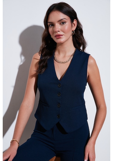 Lela Streç Fitted Fit V Yaka Düğmeli Bayan Yelek 5865971 Lacivert