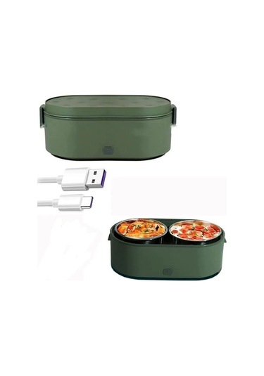Paslanmaz Çelik 304 Malzemeden Üretilen Taşınabilir Elektrikli Isıtmalı Öğle Yemeği Saklama Kabı, Araç İçi Kullanıma Uygun Yeşil