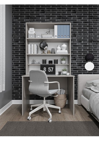 Asra Trend %100 Mdflam Raflı Çalışma Masası Bilgisayar Ofis Ders Masası Çm-03 Kül Gri