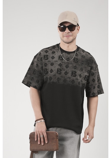 King-Brich Oversize Kalıp Logo Baskılı Bisiklet Yaka Basic Tişört Siyah
