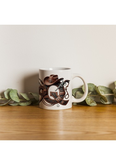 Q Harfi Kovboy Temalı Bardak 330 Ml İsim / Harf Kişiye Özel Hediye - Vahşi Batı Konsept Beyaz