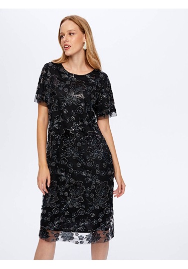 Boncuk Ve Payet İşli Çiçek Desenli Kısa Kollu Abiye Elbise W26aby008 Uw26aby00810 Siyah
