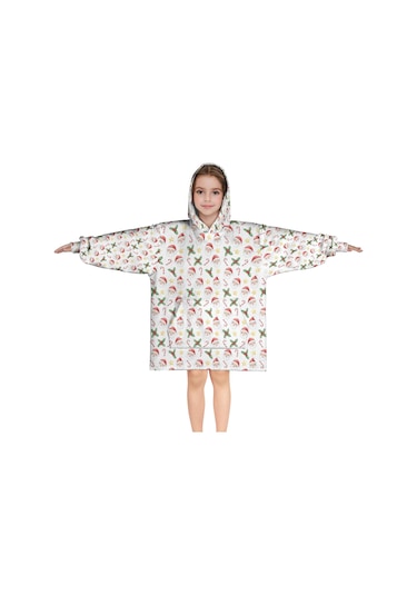 Noel Temalı 6-13 Yaş Çocuk Giyilebilir Battaniye Hoodie, Kalın Peluş, Büyük Boy-a170 Krem - Pembe