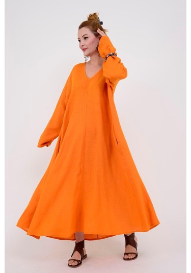 İtalyan V Yaka Uzun Kol Keten Elbise-8907 Oranj