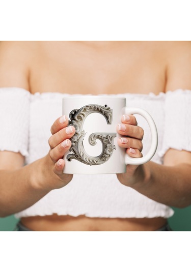 G Harfi Bardak, Monogram 330 Ml Barok Oymalı Görünüm Beyaz