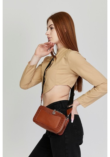 Morpelikan Taba Kroko İki Bölmeli Kadın Omuz Çantası Taba