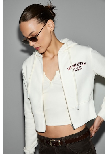 Grimelange Iressıne Kadın Kapüşonlu Fermuarlı Uzun Kollu Regular Beyaz Sweatshirt Beyaz