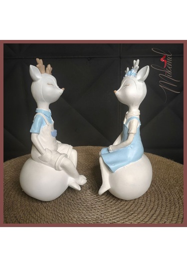 Sevimli Geyik Figürleri Mavi Kıyafetli 2 Adet El Yapımı Reçine