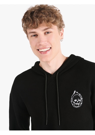 Colins Regular Fit Baskılı Kapüşonlu Siyah Erkek Kazak Cl1065585 Siyah