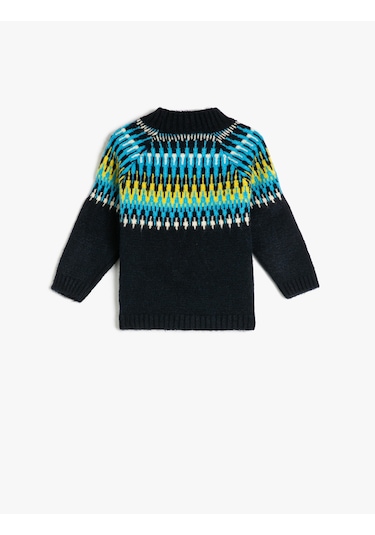 Koton Kazak Örgü Dik Yaka Uzun Kollu Etnik Desenli Multıcolor 3wmb90005ht Mavi