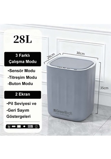Greentech Sensörlü 28 Litre Çöp Kovası Şarj Edilebilir Lityum Pilli / Gt-sc07 Gri Antrasit - Gri