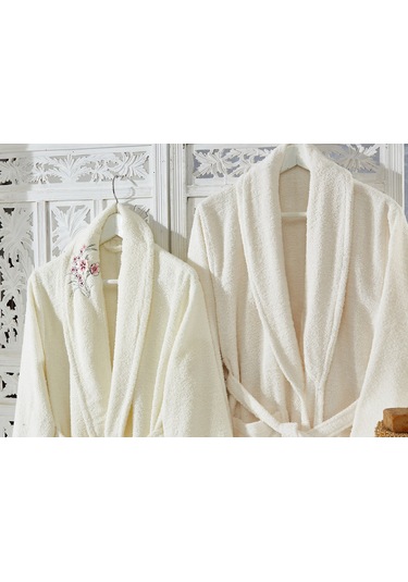 Family Nakışlı Krem & Krem Aile Bornoz Seti 6 Parça Çeyizlik Kadı