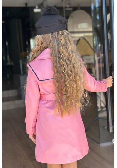 Riccotarz Kız Çocuk Üzeri Dantel İşlemeli Elbise Çift Cep Detaylı Kemerli Pembe Trençkot Pembe