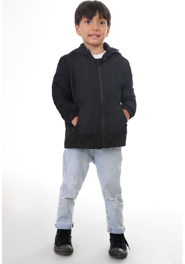 Erkek Çocuk Siyah I Çi Astarlı Su Ve Rüzgar Geçirmez Kapüşonlu Çift Fermuarlı Cepli Mont Siyah