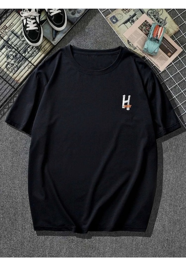 Erkek Siyah Oversize H Heart Baskılı Örme T-shirt Siyah-58954