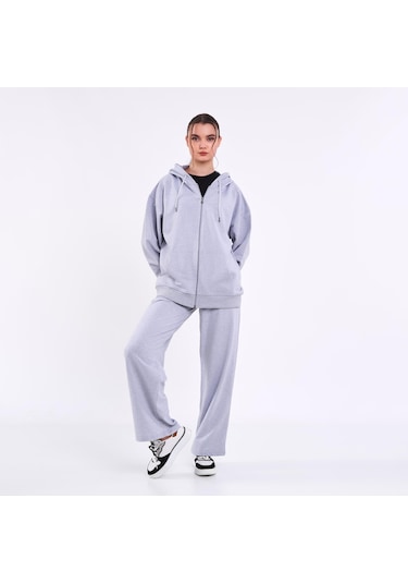 MMetalic Gri Kanguru Cepli Kapüşonlu Fermuarlı Oversize Kadın Sweatshirt Gri