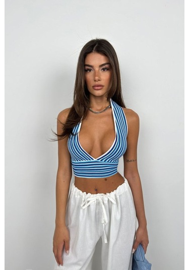 Çizgili Boyun Bağlamalı Crop Mavi