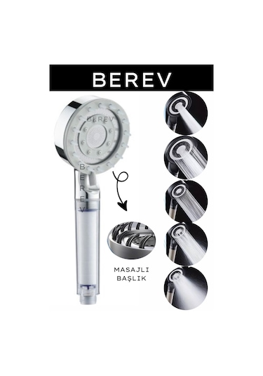 Berev Masajlı Masaj Başlı Filtreli Kireç Önleyici 5 Fonksiyonlu Banyo Duş Başlığı Kaliteli El Duşu 2 Adet Diğer